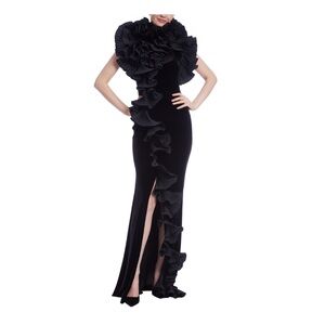 Badgley Mischka Taffeta Ruffle Velvet Gown NWT Size 4 Black Formal Dress
